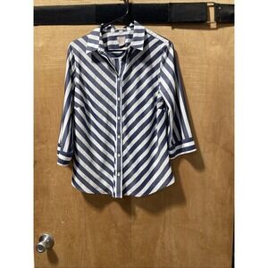 Chicos Shirt Women's 1 (8) 3/4 Sleeve No Iron Button Down Chevron Blue/White